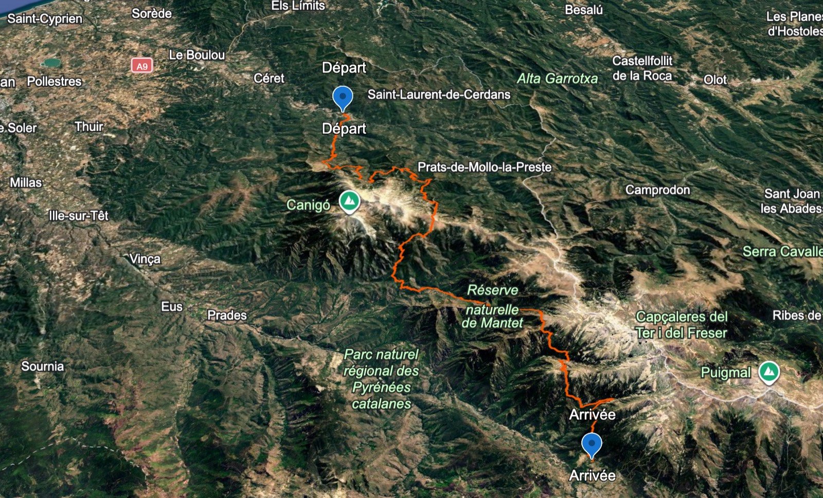 Vue satellite 3D du tracé GR10 section 2